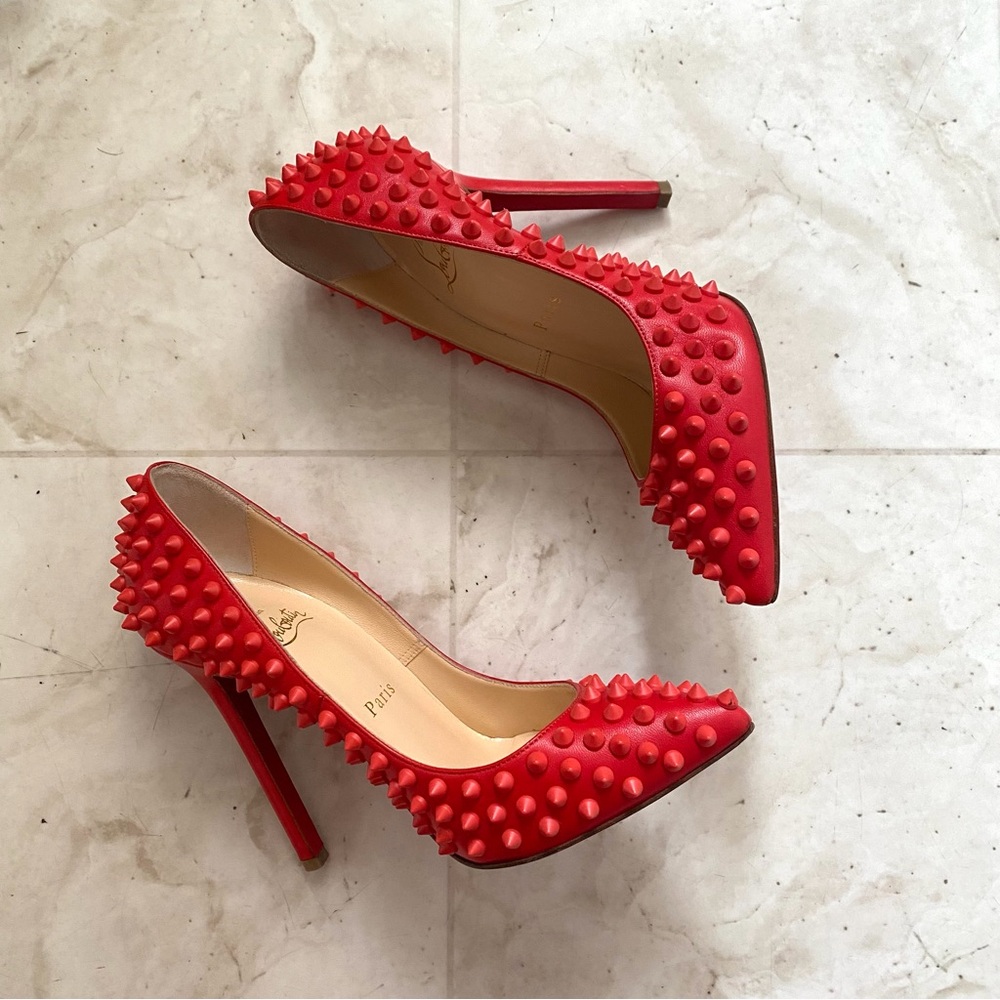 Christian Louboutin Pigalle Spikes 120 Pointed Toe Red Leather Pumps Heels 6.5 - Picture 3 of 14